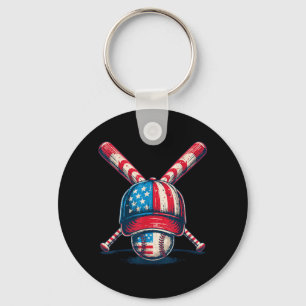 Baseball American Flag Cap Bat Sports 4th of July Key Ring