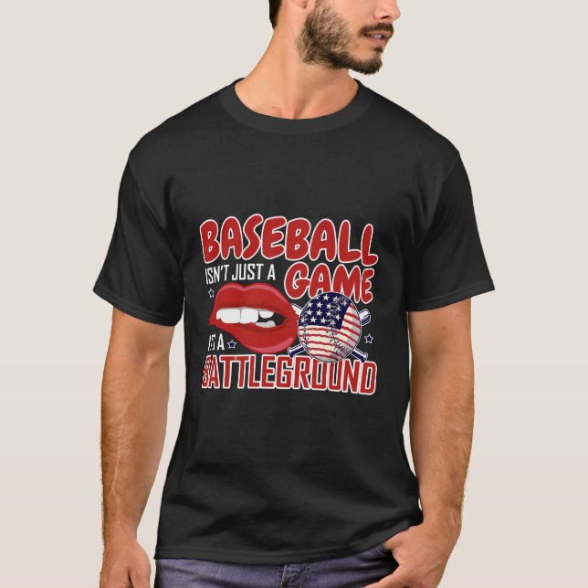Baseball American Flag Lip Bite Funny Quote Patrio T-Shirt (Front)
