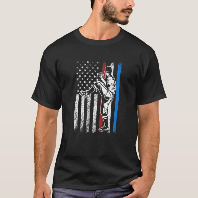 Baseball American Flag Pitcher USA Pitching 4th Of T-Shirt (Front)