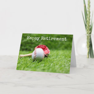 Baseball and bat are on green grass retirement card