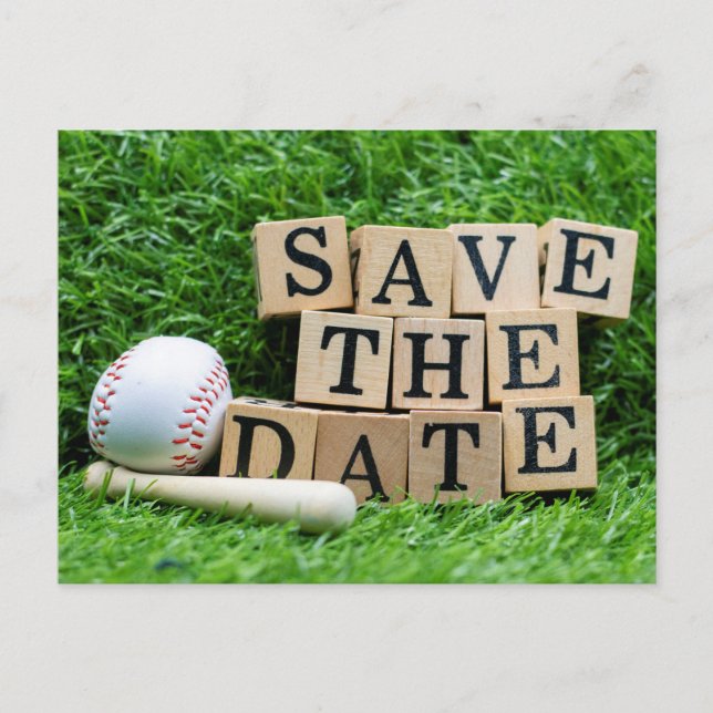 Baseball and bat with save the Date on green grass Postcard (Front)