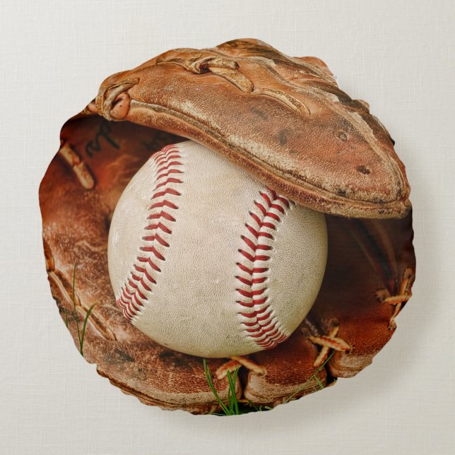 Baseball and Old Mitt in the Summer Grass Round Cushion (Back)