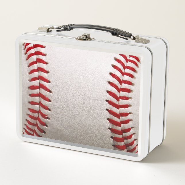 Baseball and Softball Red Stitching Metal Lunch Box (Front)
