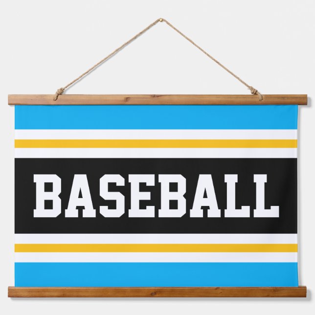 BASEBALL Azure Blue Black Yellow White Stripes  Hanging Tapestry (Front)