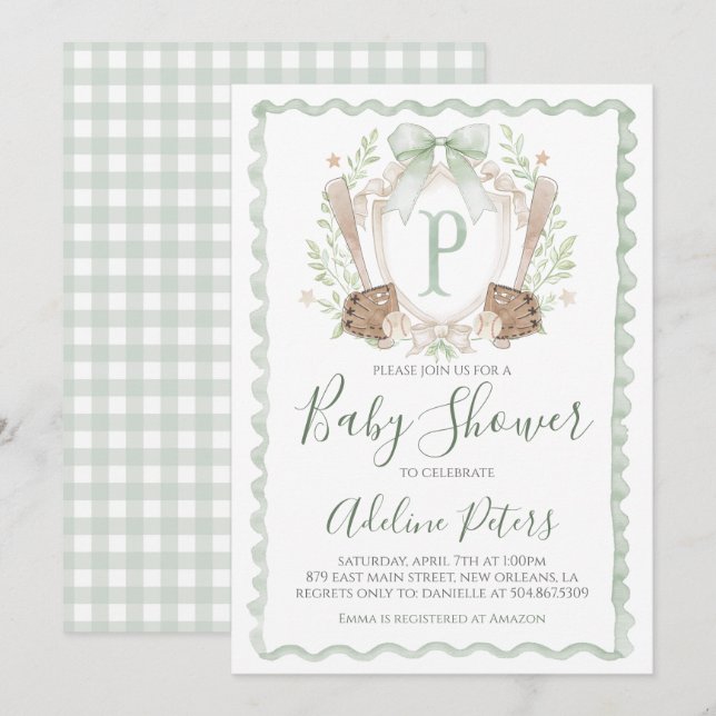 Baseball Baby Shower Preppy Boy Gingham Sage Green Invitation (Front/Back)