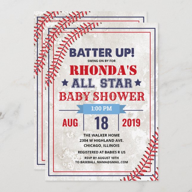 Baseball Baby Shower Vintage Grunge Invitation (Front/Back)