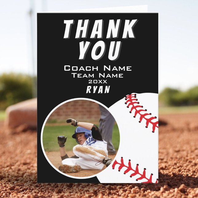 Baseball Ball Black Thank you Coach Photo Card (Creator Uploaded)