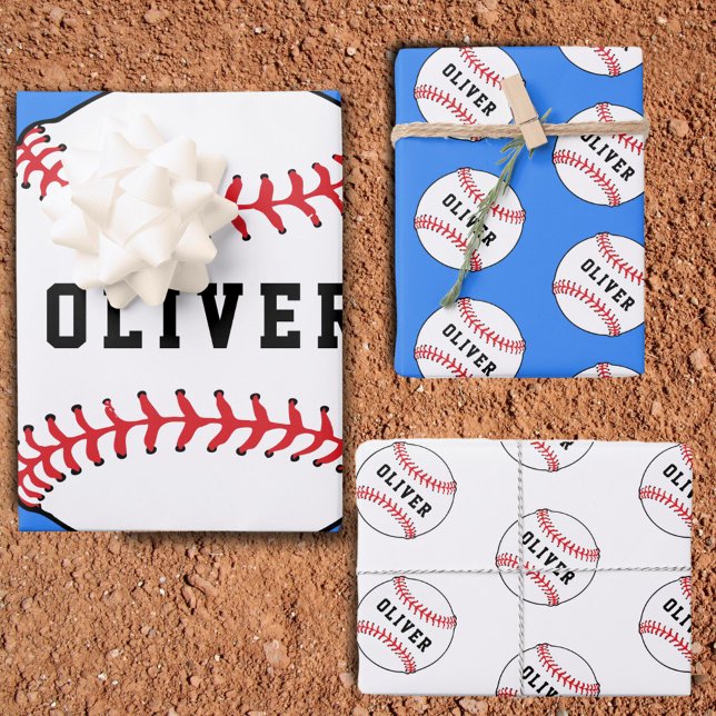 Baseball Ball Blue Pattern Kids Name Birthday Wrapping Paper Sheet (Creator Uploaded)