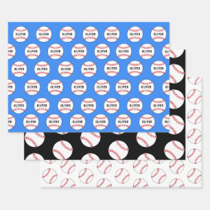Baseball Ball Blue Pattern Kids Name Wrapping Paper Sheet