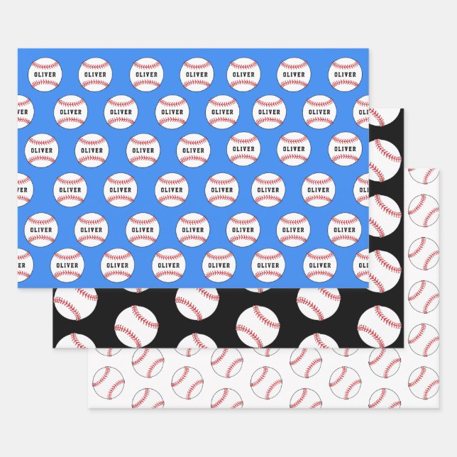 Baseball Ball Blue Pattern Kids Name Wrapping Paper Sheet (Set)