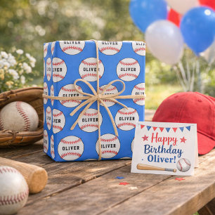 Baseball Ball Blue Pattern Kids Name  Wrapping Paper Sheet