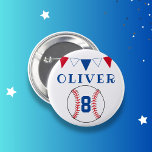 Baseball Ball Bunting Flags Kids Birthday  6 Cm Round Badge<br><div class="desc">Baseball Ball Bunting Flags Kids Birthday button. The design has baseball and bunting flags in red,  white and blue colours. Add your name and age.</div>