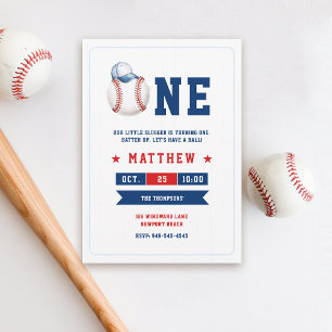 Baseball Ball Cap Blue Red Fun Boy 1st Birthday Invitation