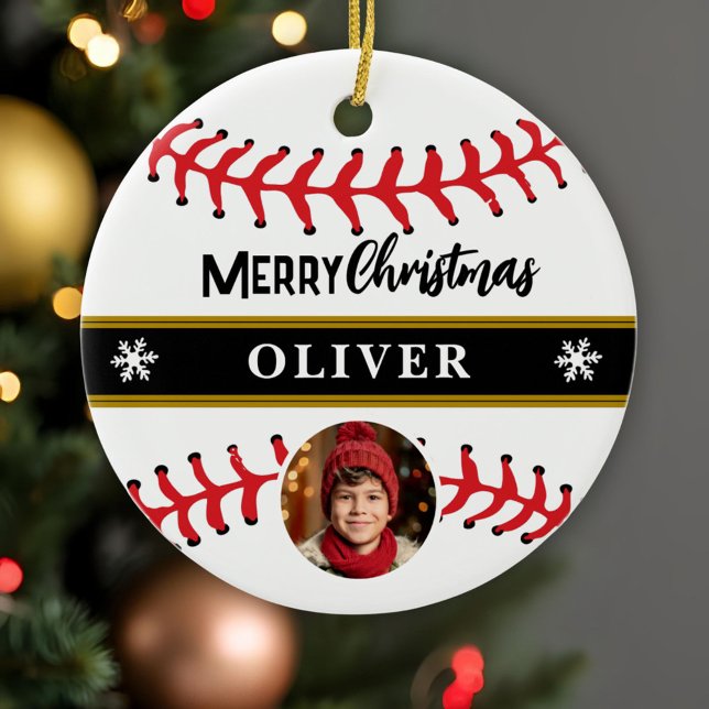 Baseball Ball Custom Name Merry Christmas Photo Ceramic Ornament (Creator Uploaded)