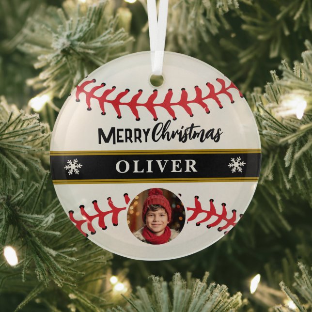 Baseball Ball Custom Name Merry Christmas Photo Glass Tree Decoration (Insitu)