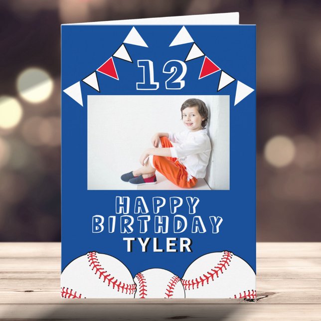 Baseball Ball Flags Blue Sports Boy Photo Birthday Card (Creator Uploaded)