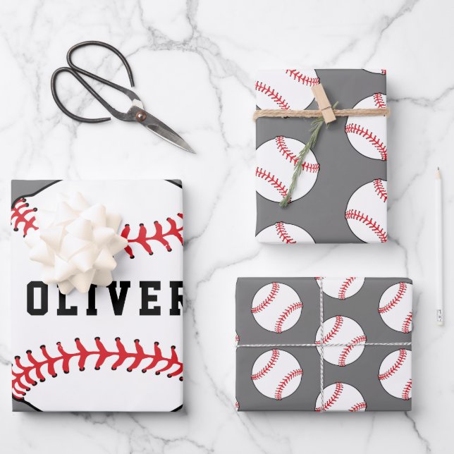 Baseball Ball Grey Pattern Kids Name Birthday  Wrapping Paper Sheet (Front)