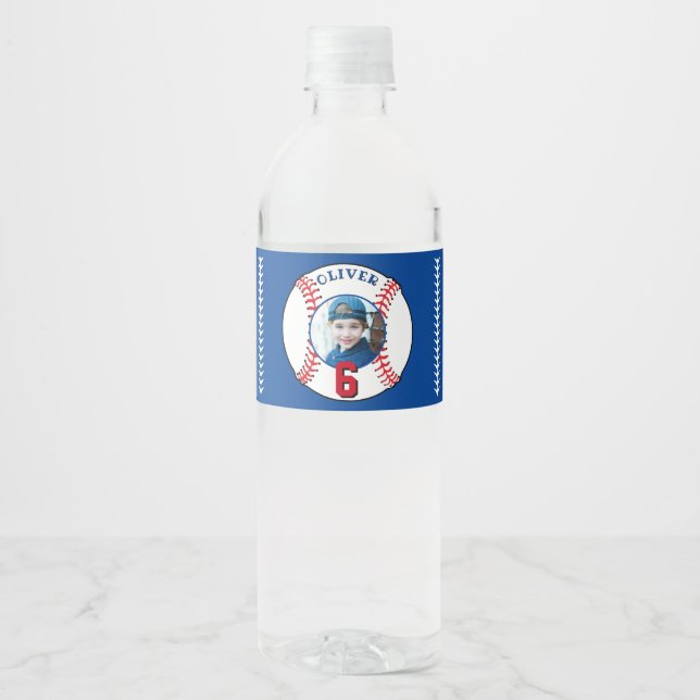 Baseball Ball Kids Birthday Photo Water Bottle Label (Front)