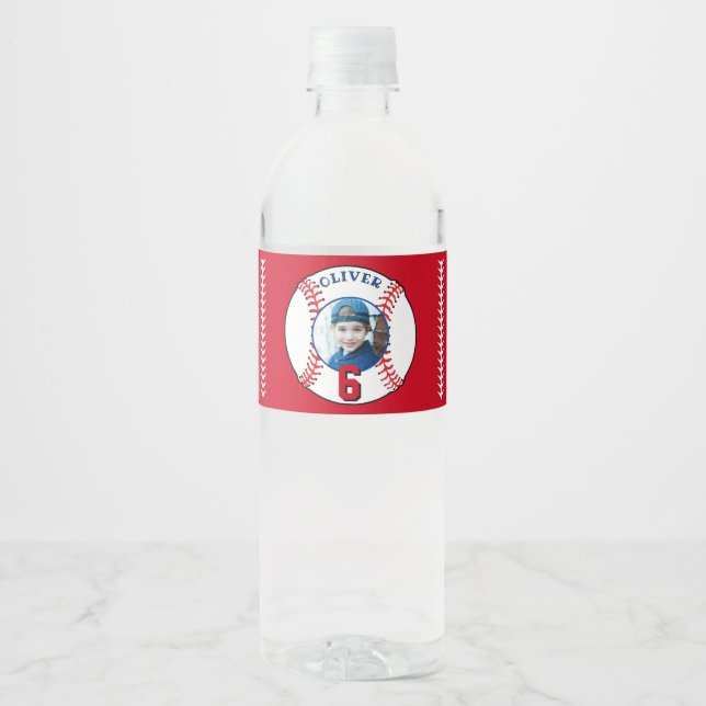Baseball Ball Kids Birthday Photo Water Bottle Label (Front)