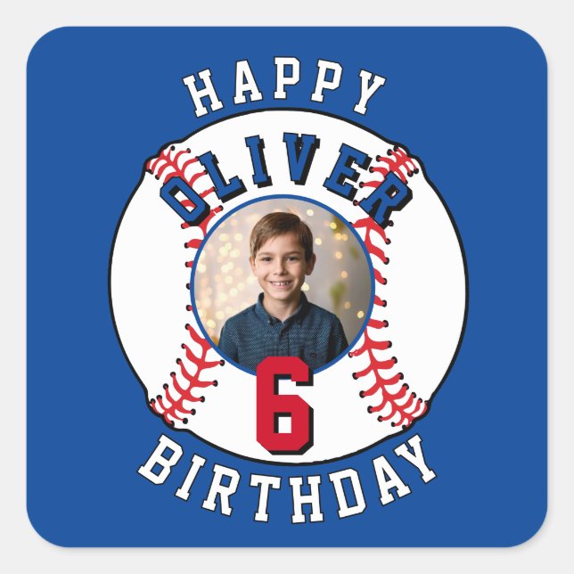 Baseball Ball Kids Photo Birthday Party Square Sticker (Front)