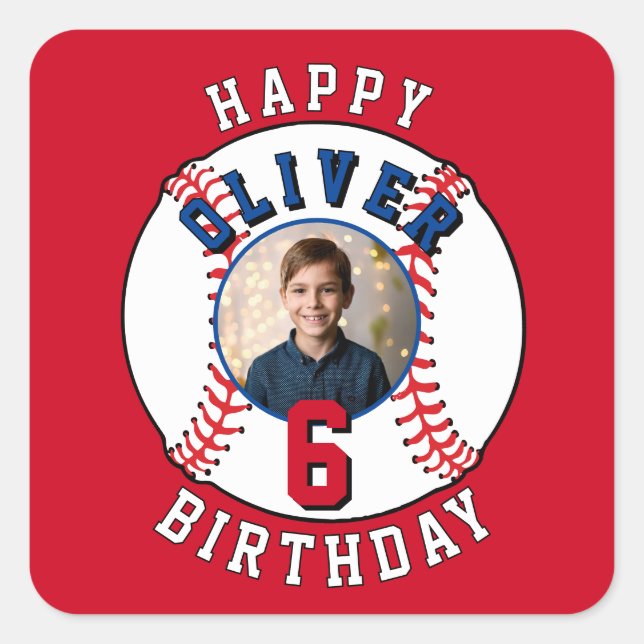 Baseball Ball Kids Photo Birthday Party Square Sticker (Front)