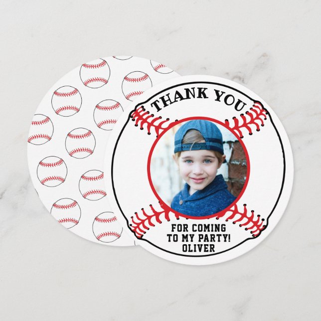 Baseball Ball Kids Photo Birthday  Thank You Card (Front/Back)