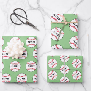 Baseball Ball Pattern Kids Name Birthday Wrapping Paper Sheet