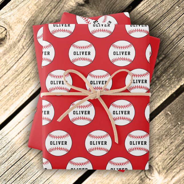 Baseball Ball Pattern Kids Name Birthday Wrapping  Paper Sheet (Creator Uploaded)
