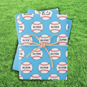 Baseball Ball Pattern Kids Name Birthday Wrapping Paper Sheet
