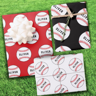Baseball Ball Pattern Kids Name Birthday Wrapping  Paper Sheet