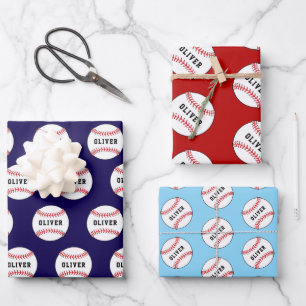Baseball Ball Pattern Kids Name Birthday Wrapping  Wrapping Paper Sheet