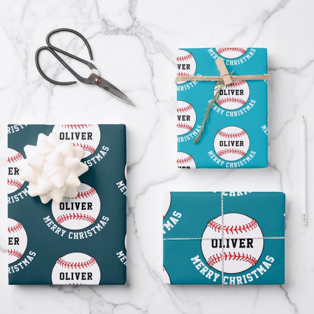 Baseball Ball Pattern Kids Name Merry Christmas Wrapping Paper Sheet (Front)