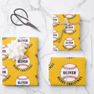 Baseball Ball Pattern Kids Name Merry Christmas Wrapping Paper Sheet