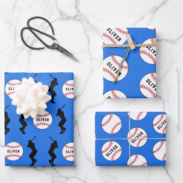 Baseball Ball Player Kids Name Birthday Wrapping Paper Sheet (Front)