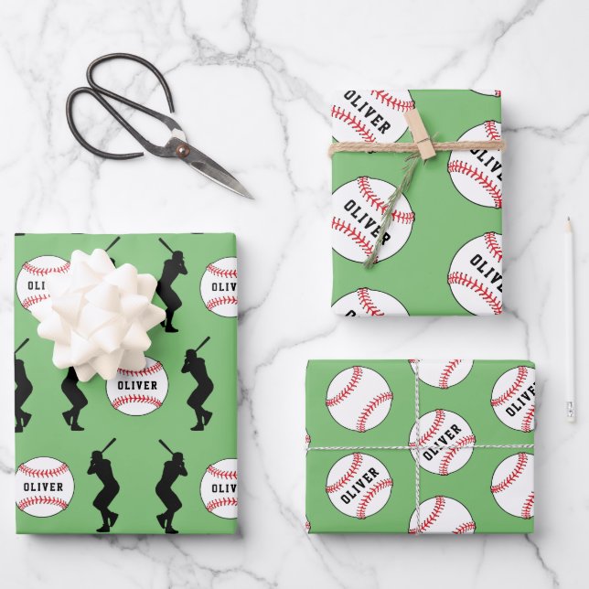 Baseball Ball Player Kids Name Birthday Wrapping Paper Sheet (Front)