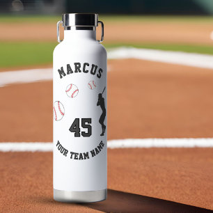 Baseball Ball Player Silhouette Name Team Number Water Bottle