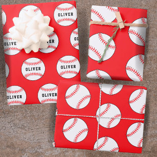 Baseball Ball Red Pattern Kids Name Birthday  Wrapping Paper Sheet