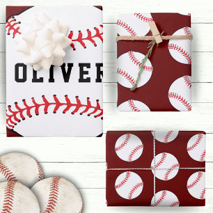 Baseball Ball Red Pattern Kids Name Birthday Wrapping Paper Sheet