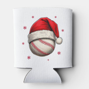 Baseball Ball Red Santa Hat Christmas Can Cooler