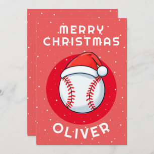 Baseball Ball Red Santa Hat Christmas Kid`s Name Holiday Card
