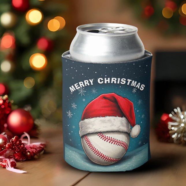 Baseball Ball Red Santa Hat Name Christmas  Can Cooler (Creator Uploaded)