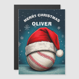 Baseball Ball Red Santa Hat Name Christmas Card