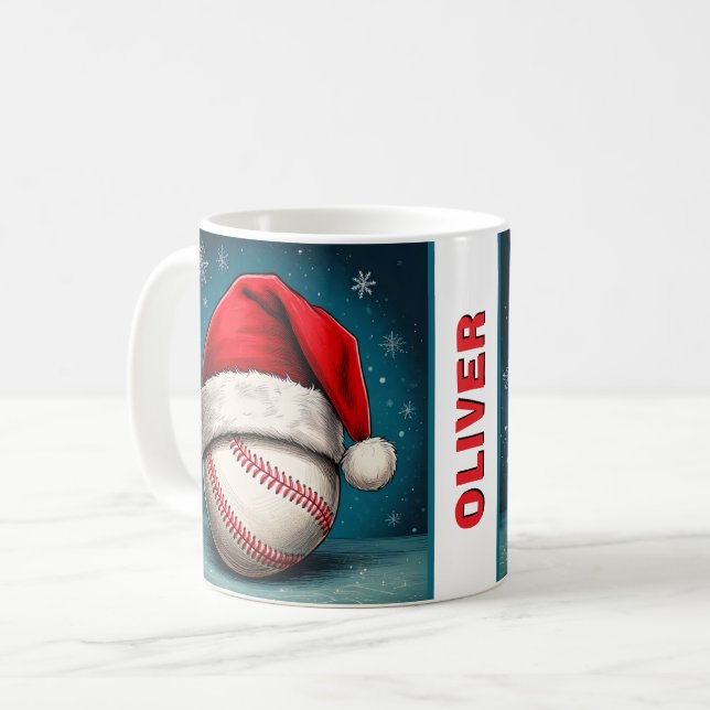 Baseball Ball Red Santa Hat Name Christmas  Coffee Mug (Front Left)