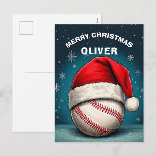Baseball Ball Red Santa Hat Name Christmas Holiday Postcard