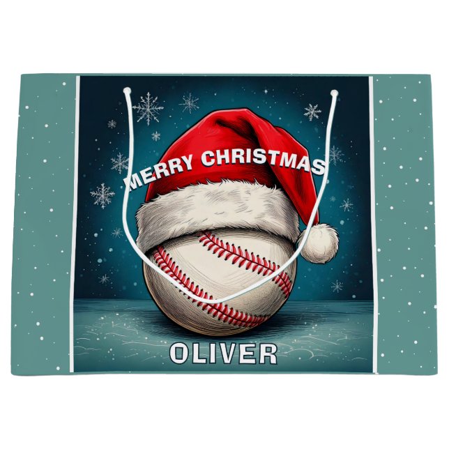 Baseball Ball Red Santa Hat Name Christmas  Large Gift Bag (Front)