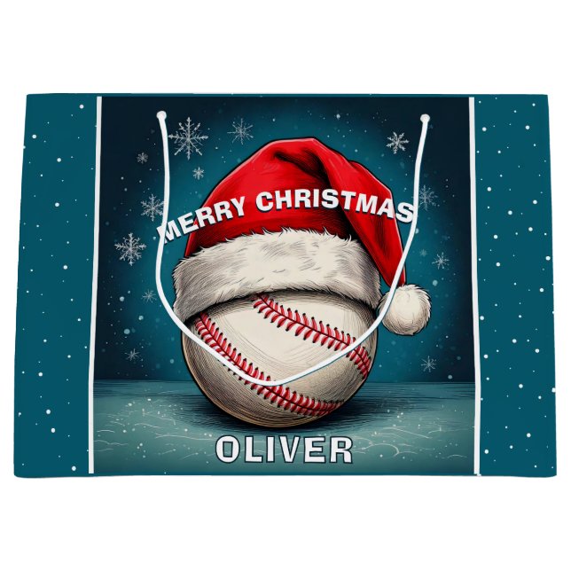 Baseball Ball Red Santa Hat Name Christmas  Large Gift Bag (Front)