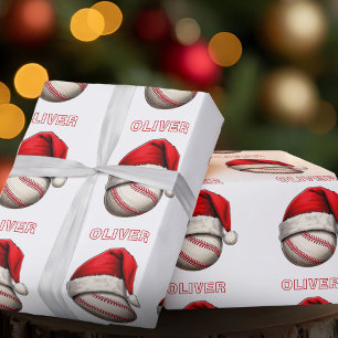 Baseball Ball Red Santa Hat Name Christmas  Wrapping Paper