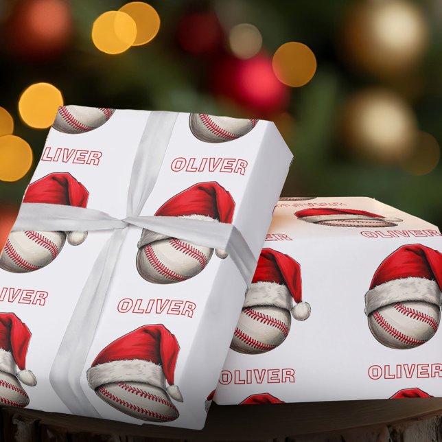 Baseball Ball Red Santa Hat Name Christmas  Wrapping Paper (Creator Uploaded)