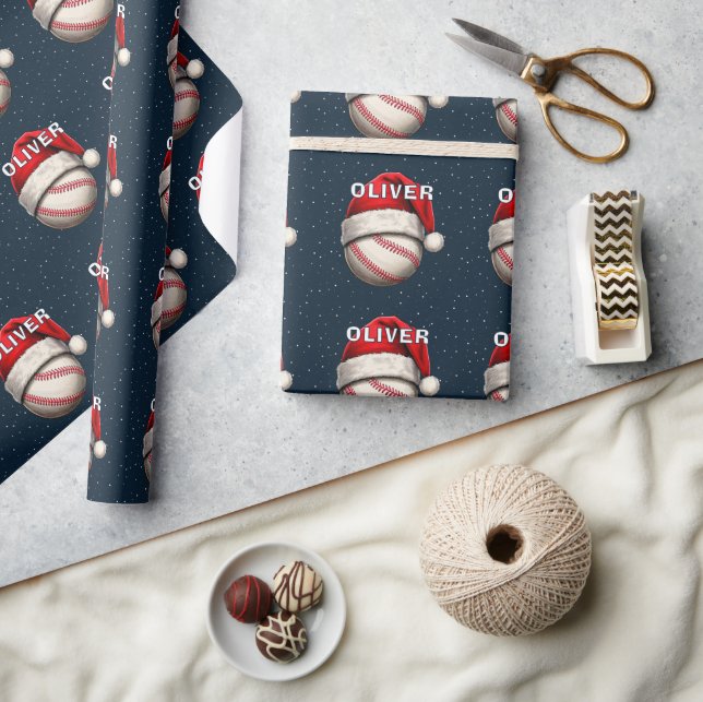 Baseball Ball Red Santa Hat Name Christmas  Wrapping Paper (Crafts)