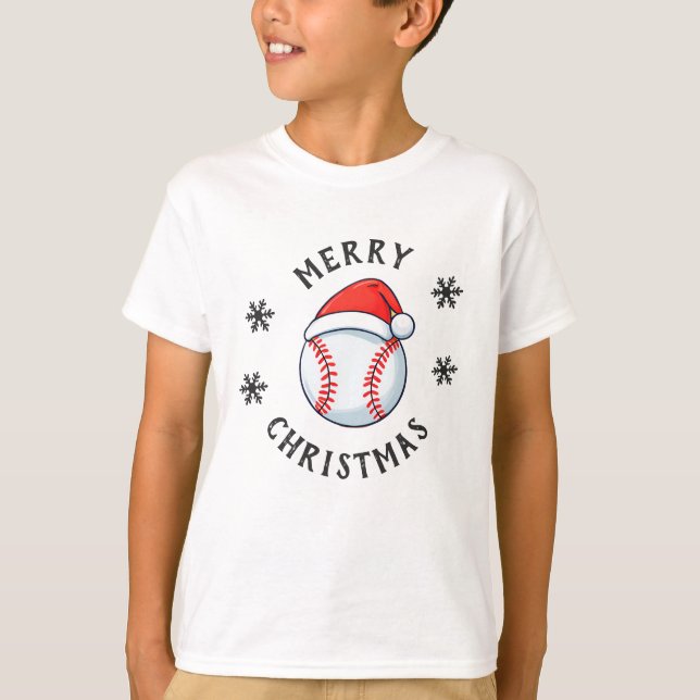Baseball Ball Red Santa Hat Snowflake Christmas T-Shirt (Front)